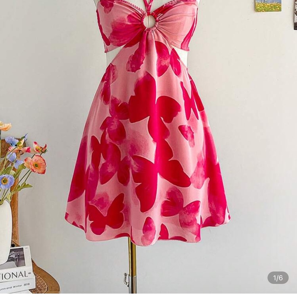 SHEIN Pink and Red Halter A-Line Sundress